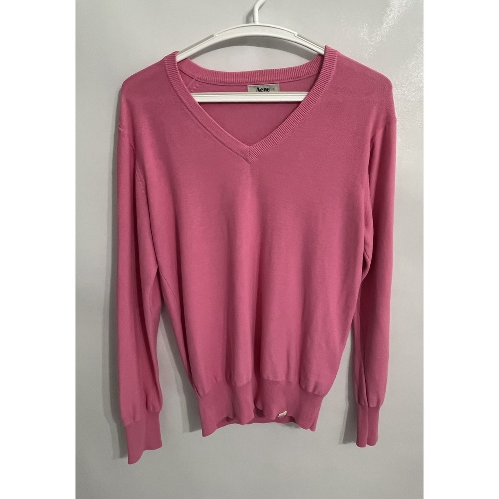 Acne Small Hotel V Pink Solid Cotton Fine Knit Long Sleeve V-Neck Pop Sweater